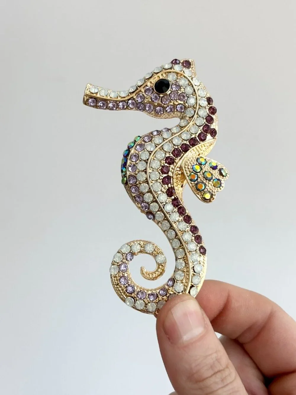 Seahorse Rainbow Rhinestone Gold Toned Jumbo Vintage Inspired Brooch Pin